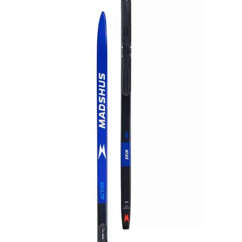 One Madshus Active Skin Ski showing top and bottom section in a split screen. Blue top sheet on top of ski and black top sheet on bottom of ski with white writing.
