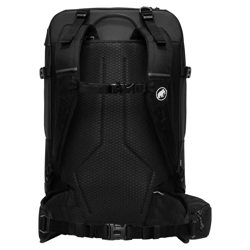 Back view of the Mammut Nirvana 35L Backpack in Black colourway, unisex model