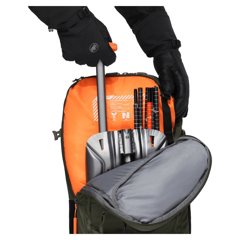 Avalanche pocket view of the Mammut Nirvana 35L Backpack in Marsh Black colourway, unisex model