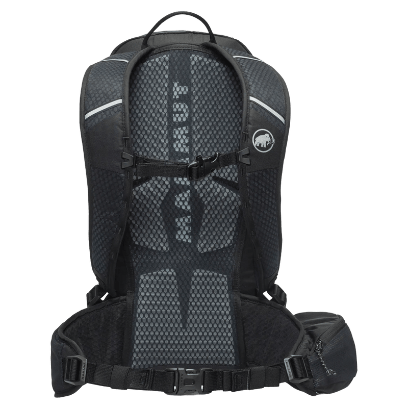 Back view of the Mamut Lithium 15 Backpack in Black hot Red colourway, unisex's model