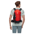 Carried view of the Mamut Lithium 15 Backpack in Black hot Red colourway, unisex's model