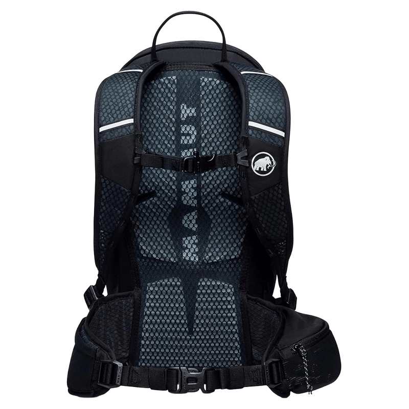 Back view of the Mamut Lithium 15 Backpack in Salmon Black colourway, women's model