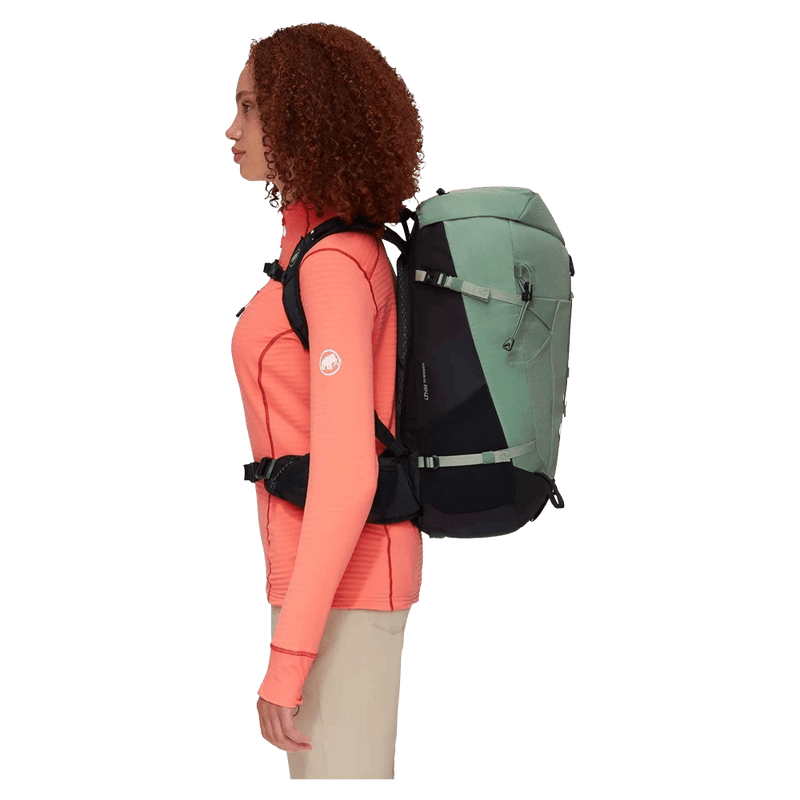 Side view of the Mamut Lithium 30L Backpack in Jade Black colourway, women's model