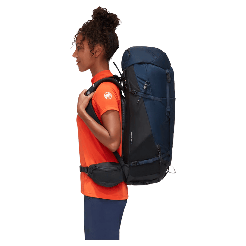 Side view of the Mamut Lithium 40L Backpack in Sapphire Black colourway, women's model