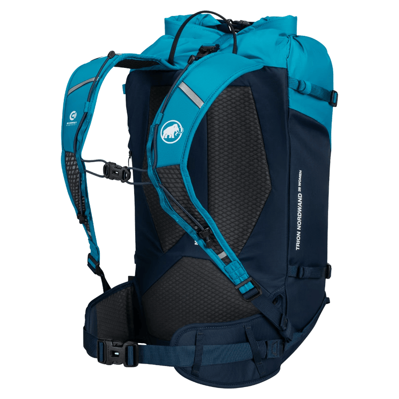 Side back view of the Mamut Trion Nordwand 28L Backpack in Sky and Night colourway, women's model
