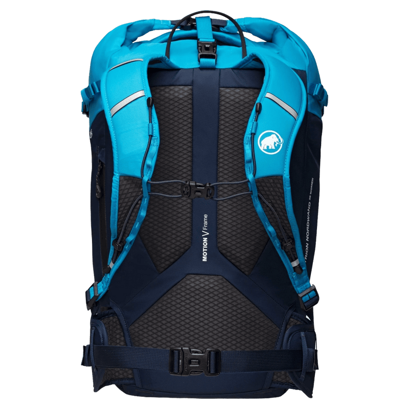 Back view of the Mamut Trion Nordwand 28L Backpack in Sky and Night colourway, women's model