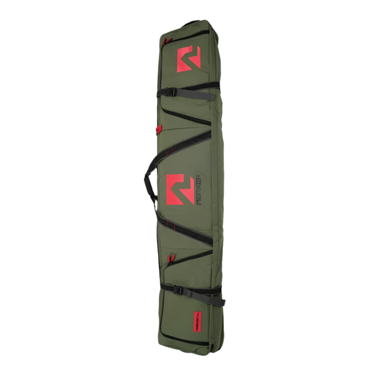 Marker Double Wheelie Ski Bag in army green  with black straps and red Marker branding.