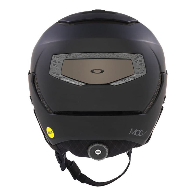 Back view of Oakley Mod 5 snow Helmet in Blackout with Torch lens featuring MIPS protection, BOA fit system, magnetic fidlock and active ventilation