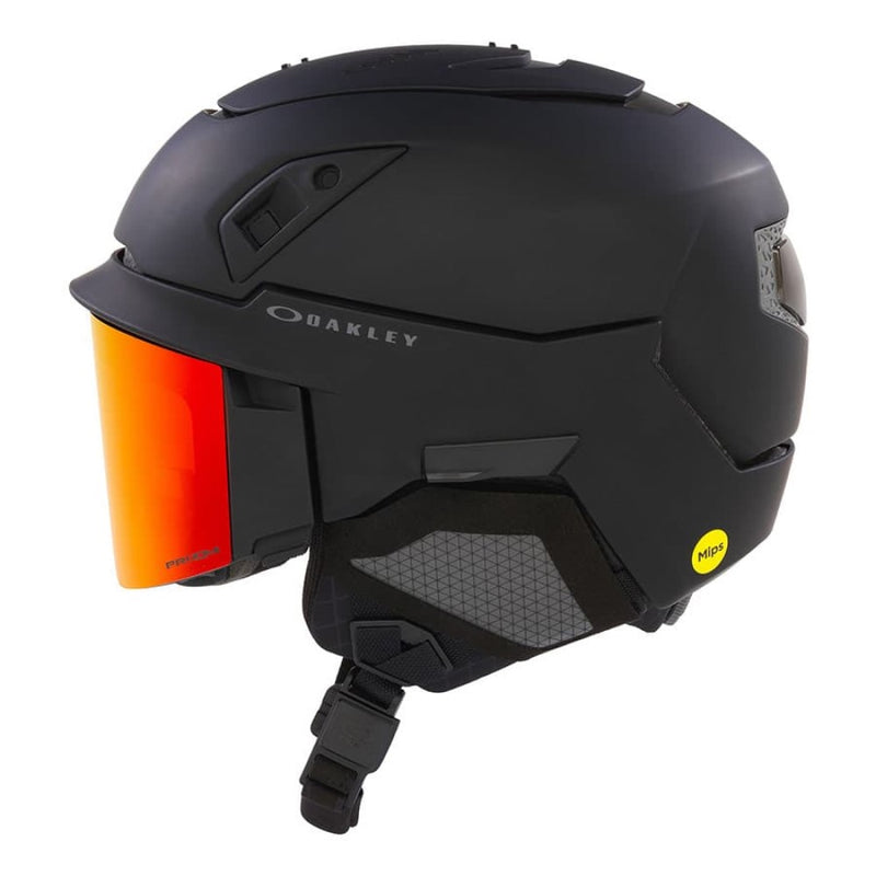 Side view of Oakley  Mod 5 snow Helmet in Blackout with Torch lens featuring MIPS protection, BOA fit system, magnetic fidlock and active ventilation