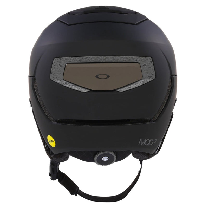 Back view of Oakley Mod 5 snow Helmet in Blackout with Sapphire lens featuring MIPS protection, BOA fit system, magnetic fidlock and active ventilation