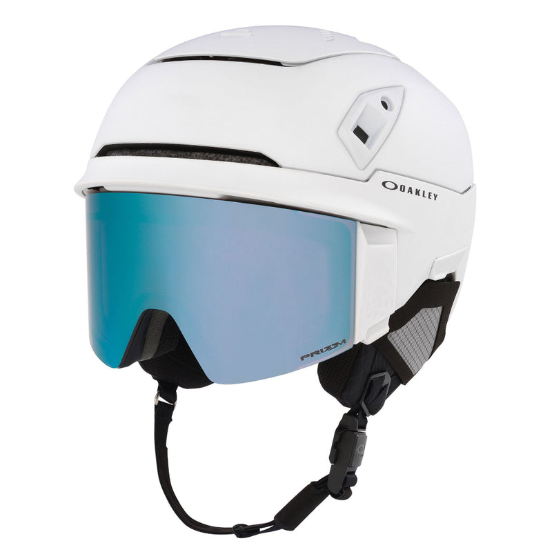 Side view of Oakley  Mod 5 snow Helmet in White with Sapphire lens featuring MIPS protection, BOA fit system, magnetic fidlock and active ventilation
