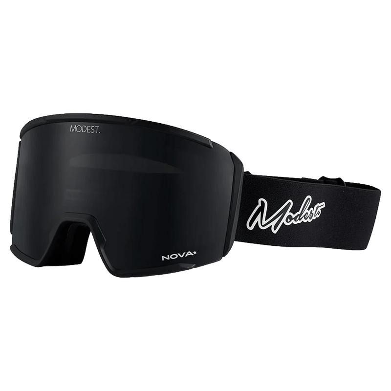Main view of the Modest Realm Goggles in Black, Black lens, unisex model