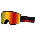 Main view of the Modest Realm Goggles in Black, Red lens, unisex model
