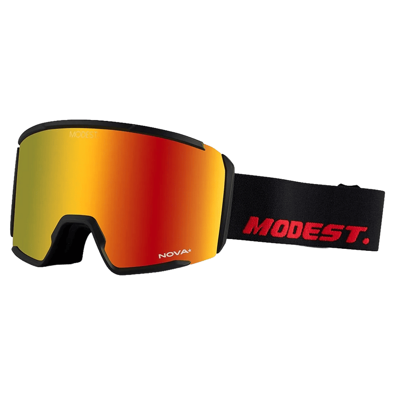 Main view of the Modest Realm Goggles in Black, Red lens, unisex model