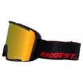 Side view of the Modest Realm Goggles in Black, Red lens, unisex model