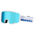 Main view of the Modest Realm Goggles in White, Blue lens, unisex model
