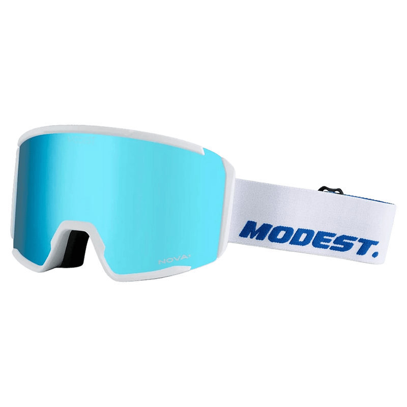 Main view of the Modest Realm Goggles in White, Blue lens, unisex model