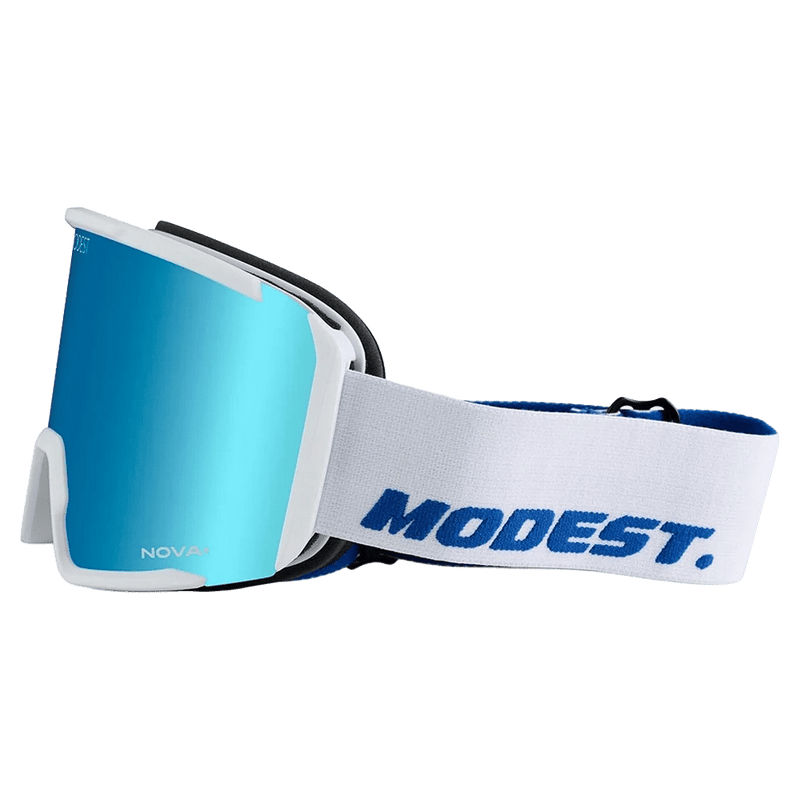 Side view of the Modest Realm Goggles in White, Blue lens, unisex model