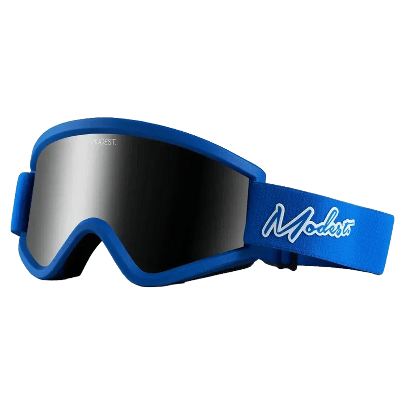 Blue Modest Team XL snow goggles with a silver mirrored lens and white script logo on the strap.