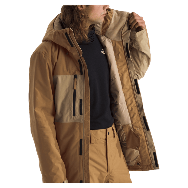 Man wearing The North Face Freedom Insulated Ski Jacket in Utility Brown-Khaki Stone