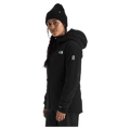 Woman wearing The North Face Summit Casaval Hybrid Hoodie in black, full front zip, hood, small white logo on left chest.