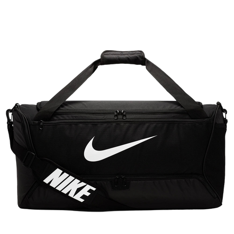 Side image of Nike Brasilia Duffel in Black with brand logo in contrast White