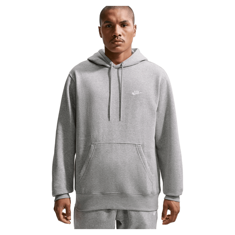 Main view of the Nike Club Fleece Hoodie in Dark Grey Heather colourway, unisex model