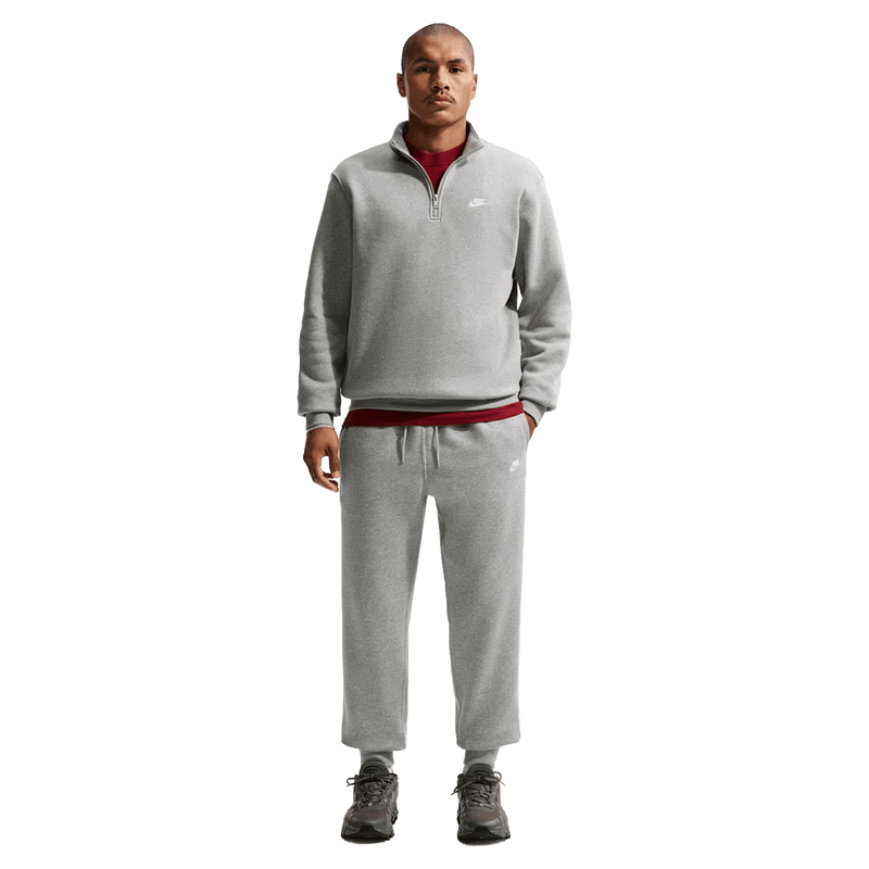 Front view of the Nike Club Track Pants in Dark Grey Heather and light Smoke colourway, unisex model