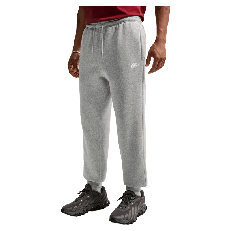 Main view of the Nike Club Track Pants in Dark Grey Heather and light Smoke colourway, unisex model