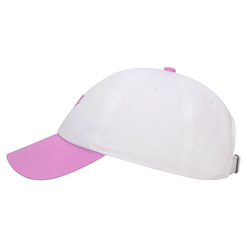 Side view of the Nike Club Cap in White and Lt Magenta colourway, unisex model