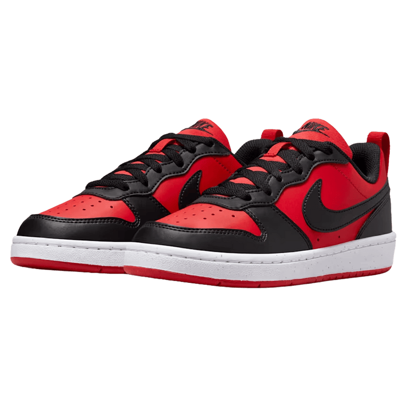 Pair view of the Nike Court Borough Low Recraft Shoes in University Red colourway, kids model
