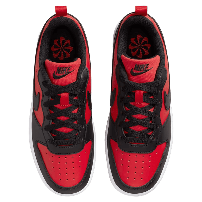 Top view of the Nike Court Borough Low Recraft Shoes in University Red colourway, kids model