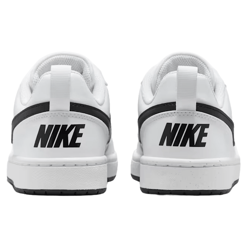 Back view of the Nike Court Borough Low Recraft Shoes in White and Black colourway, kids model