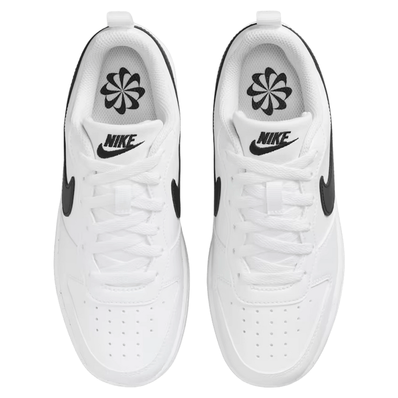 Top view of the Nike Court Borough Low Recraft Shoes in White and Black colourway, kids model