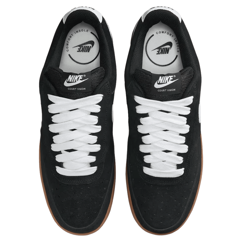 Top view of the Nike Court Vision Low FL Shoes in Black and White colourway, unisex model