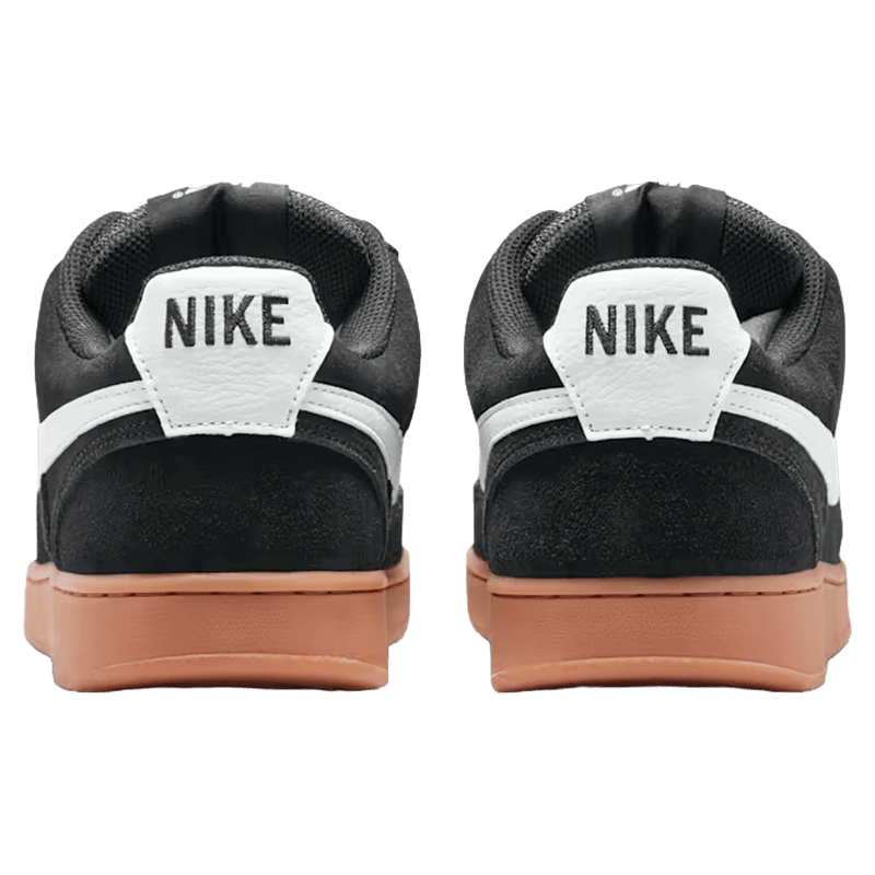 Back view of the Nike Court Vision Low FL Shoes in Black and White colourway, unisex model