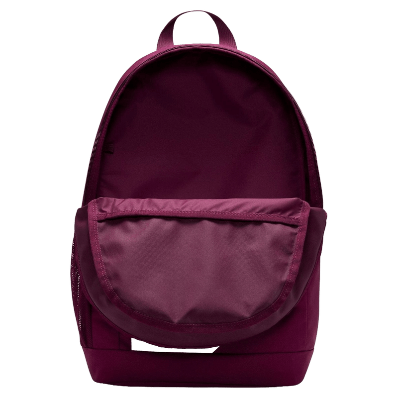 Open view of the Nike Elemental Backpack in Bordeaux colourway, kids model
