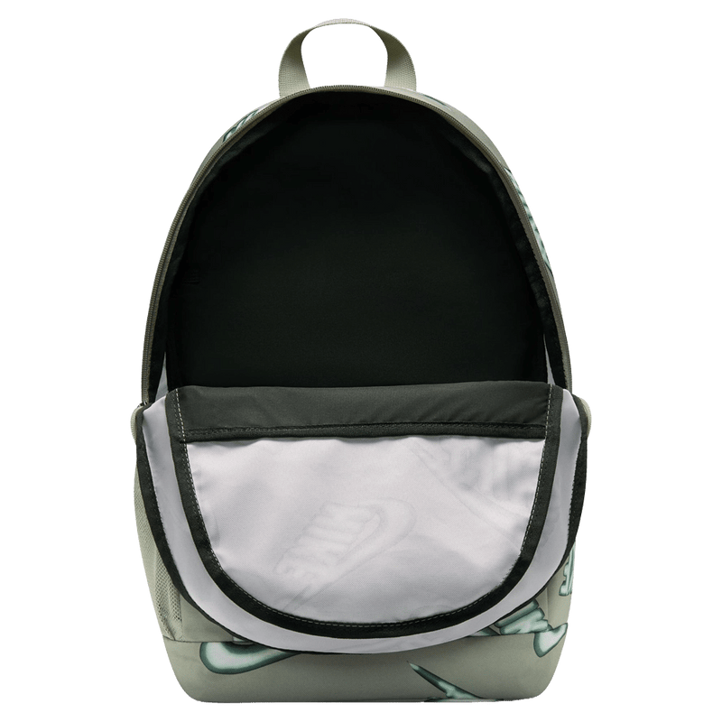 open view of the Nike Elemental Backpack in Fogged Green colourway, kids model