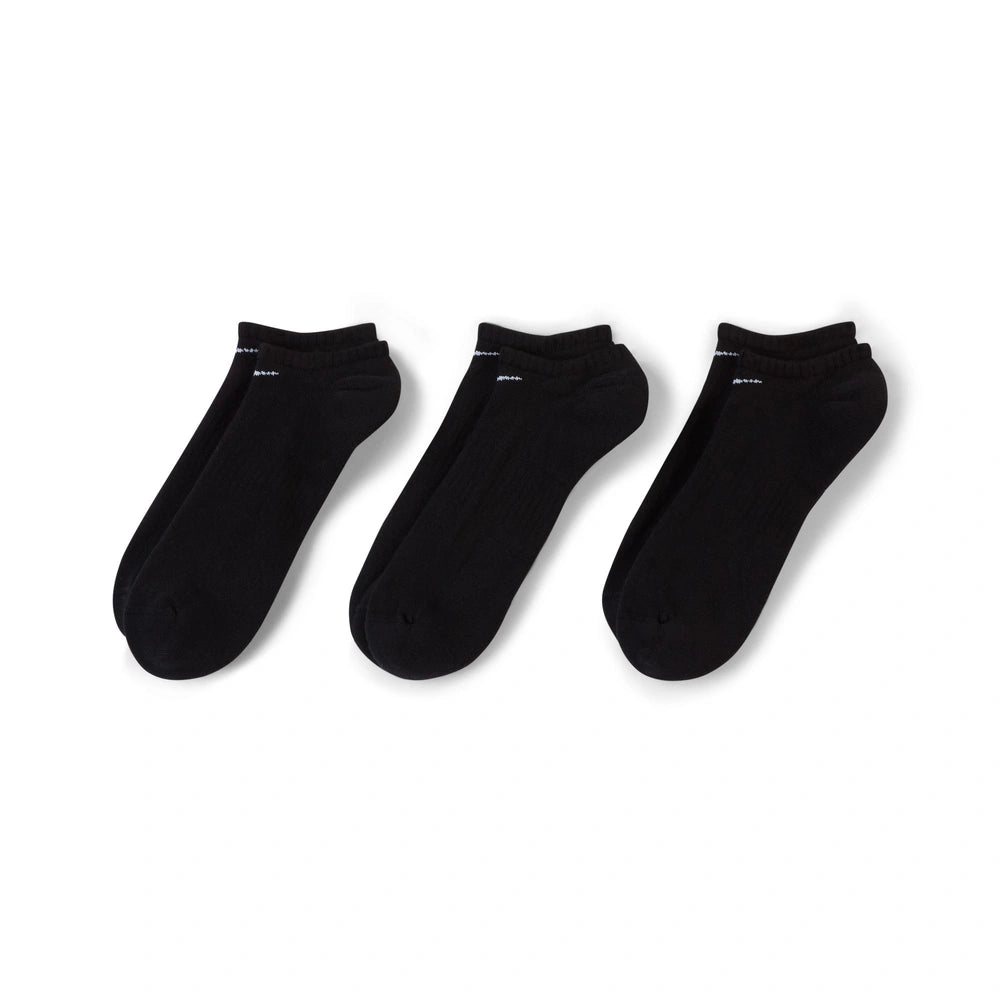 Left side image of the Nike Everyday Cushioned No Show Socks 3 Pack in Black