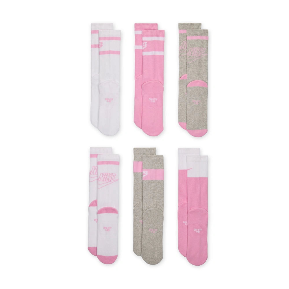 Back image of the Nike Everyday Kids Cushioned Crew Socks 6 pack in the multi - pink, white, grey, colourway