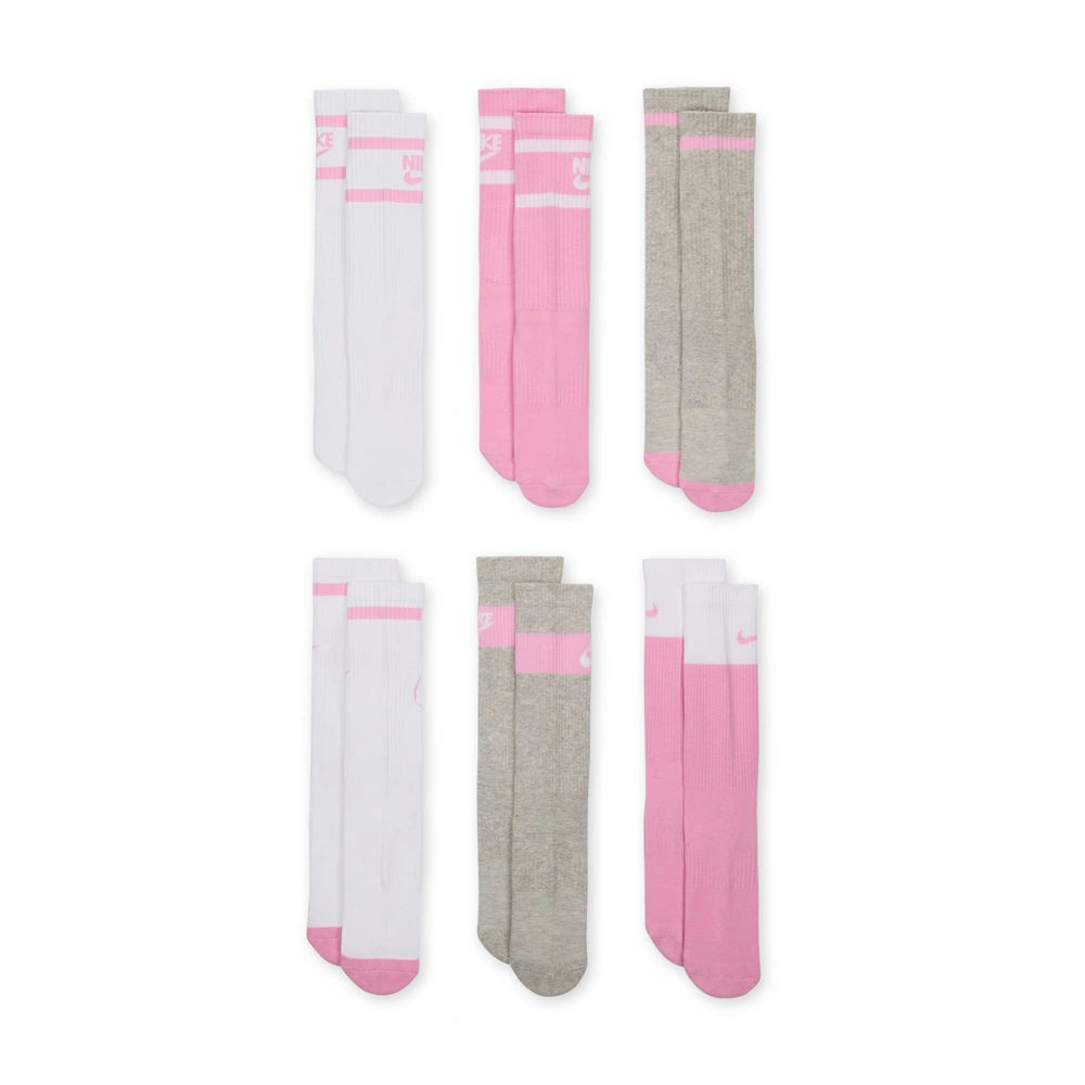 Front image of the Nike Everyday Kids Cushioned Crew Socks 6 pack in the multi - pink, white, grey, colourway