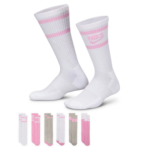 Lifestyle image of the Nike Everyday Kids Cushioned Crew Socks 6 pack in the multi - pink, white, grey, colourway