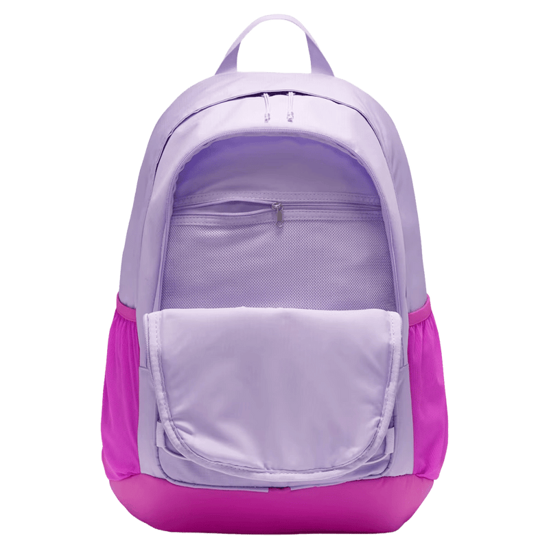 Pockets view of the Nike Hayward Backpack in Hyper Violet colourway, kids model