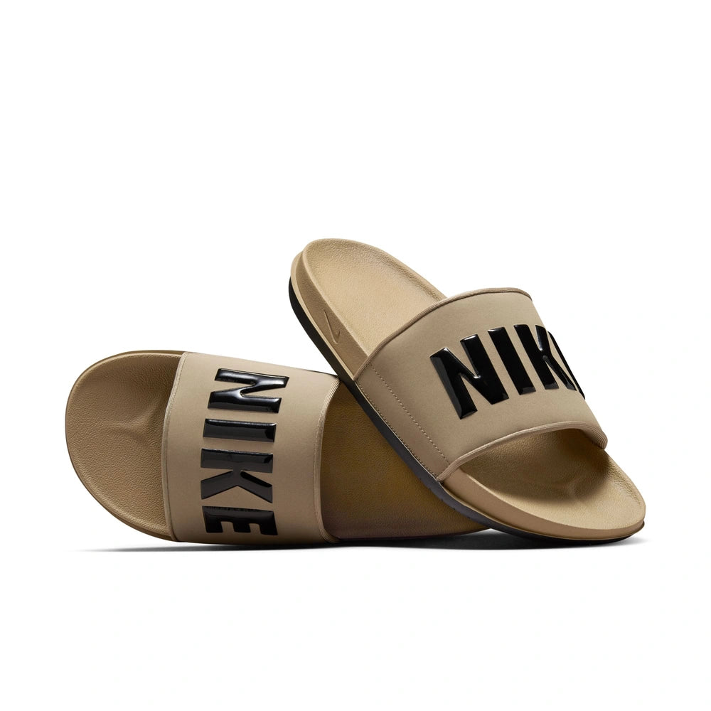 Styled image of a pair of Nike Offcourt Slides in Khaki Black Black