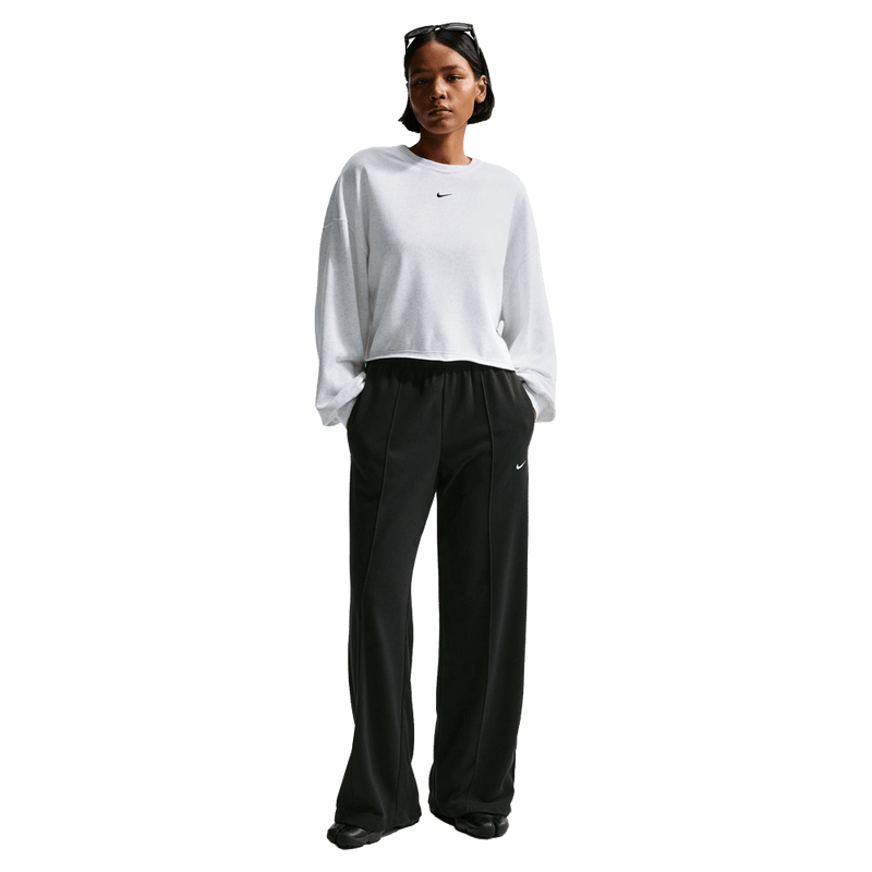 Front view of the Nike Sportswear Chill Terry Crew Neck in Birch Heather colourway, women model