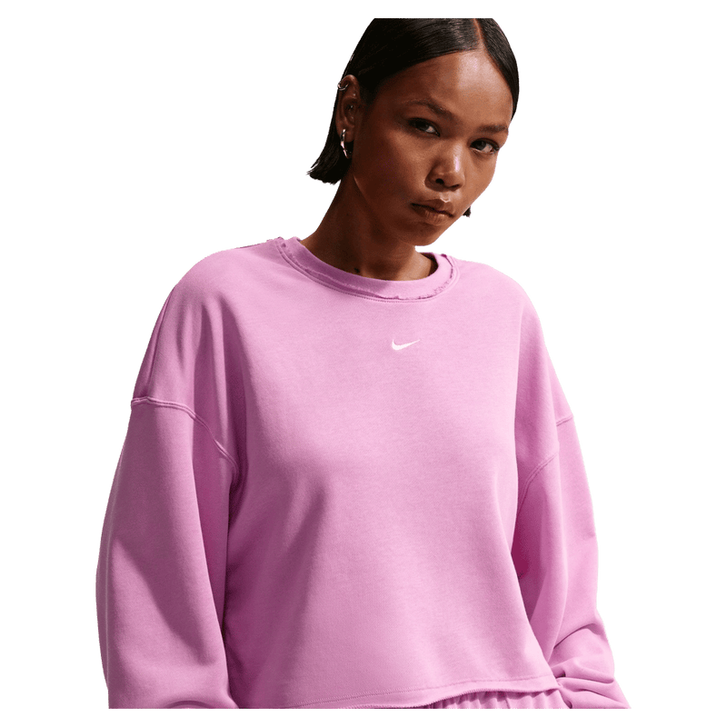 Main view of the Nike Sportswear Chill Terry Crew Neck in Light Magnenta colourway, women model