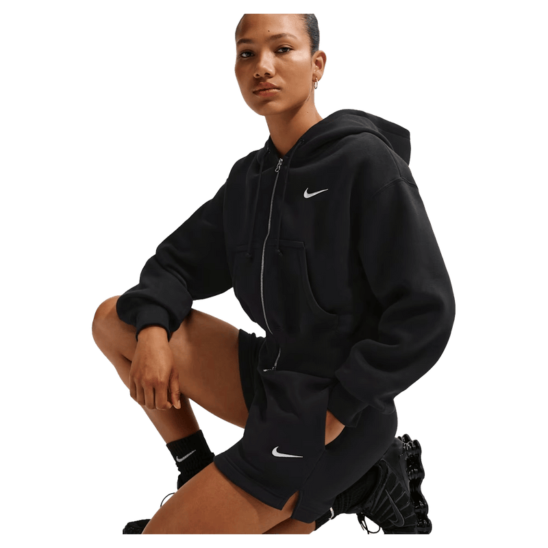 Main view of the Nike Sportswear Phoenix Fleece Full-Zip Cropped Hoodie in Black colourway, women model