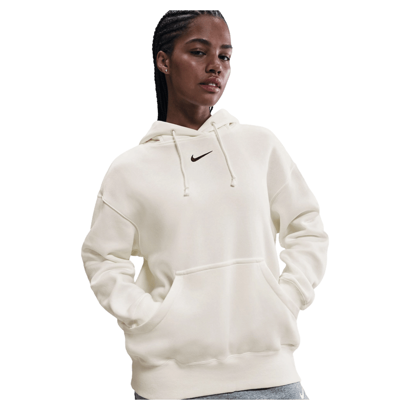 Main view of the Nike Sportswear Phoenix Fleece Oversized Hoodie in Sail and Black colourway, unisex model