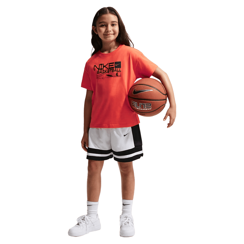 Front view of the Nike Sportswear Tee in Turf Orange colourway, kids model