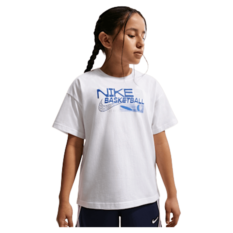 Main view of the Nike Sportswear Tee in White colourway, kids model
